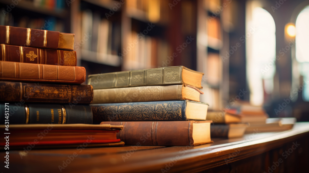 Poster stack of old books on wooden table in library .created with generative ai technology.