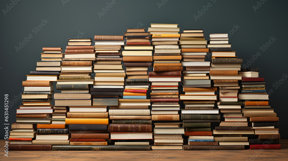Aufkleber stack of books on wooden table against a blue background. created with generative ai technology.