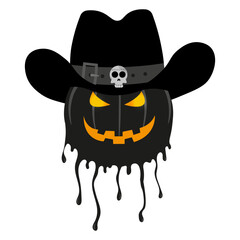 Funky Halloween Flowing Jack lantern in cowboy hat Trendy melt texture style. Halloween concept for banners, posters, cards. Vector illustration in modern style isolated on transparent background.