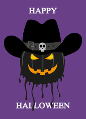 Funky Halloween card with Flowing Jack lantern in cowboy hat Trendy Y2K retro style. Halloween concept for banners, posters, cards. Vector illustration in modern Groovy style.