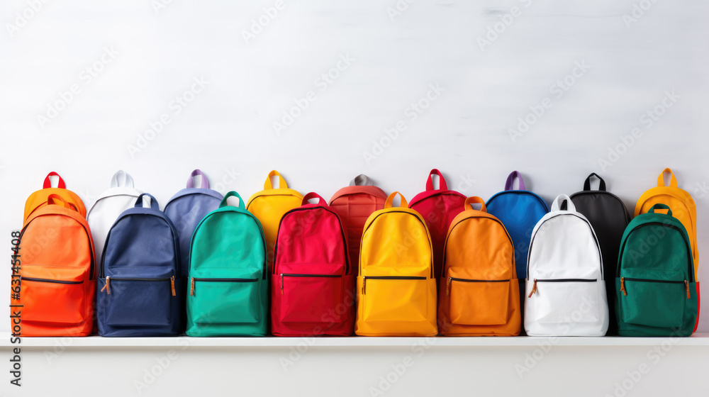 Poster lots of colorful school backpacks on a white background.created with generative ai technology.