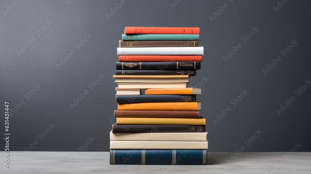 Poster a stack of books on a table against a gray wall.created with generative ai technology.