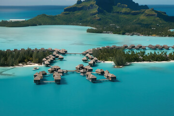 A hotel complex with bungalows on the Bora Bora islands, generative AI. - obrazy, fototapety, plakaty