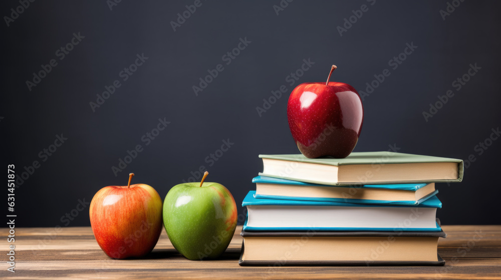 Poster back to school concept. apple and book on school blackboard background.created with generative ai te