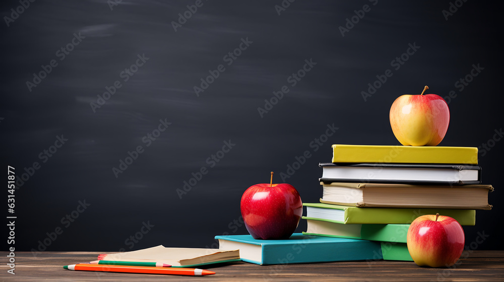 Poster back to school background with books,apples and pencils over blackboard.created with generative ai t