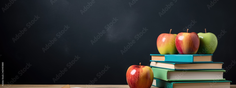 Poster back to school concept. apple and book on school blackboard background.created with generative ai te