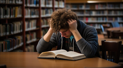 Tired male student holding his head while sitting in library against the backdrop of the book shelf. Created with Generative AI technology.