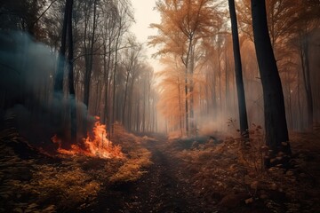 Fototapeta na wymiar Forest fire, destruction of forest flora and fauna during fire, generative AI.