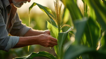 Farmer checks corn sprouts. - obrazy, fototapety, plakaty