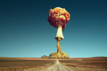 Nuclear explosion in the desert with a cloud of smoke. The road to a nuclear explosion. Nuclear war. Apocalypse.
