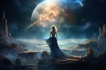 woman watching planet in space concept of limitless possibilities