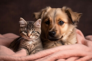 A heartwarming studio portrait photography capturing the adorable moments of a cute puppy and a cat snuggled on a pink blanket, radiating love and friendship. Ai generated