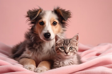 A heartwarming studio portrait photography capturing the adorable moments of a cute puppy and a cat snuggled on a pink blanket, radiating love and friendship. Ai generated