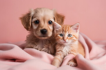 Fototapeta na wymiar A heartwarming studio portrait photography capturing the adorable moments of a cute puppy and a cat snuggled on a pink blanket, radiating love and friendship. Ai generated