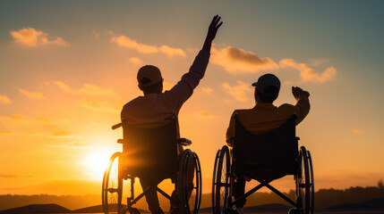 Obraz premium Silhouette Disabled handicapped young man in wheelchair raised hands with his Disabled friend in sunset.