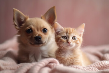 Fototapeta na wymiar A heartwarming studio portrait photography capturing the adorable moments of a cute puppy and a cat snuggled on a pink blanket, radiating love and friendship. Ai generated