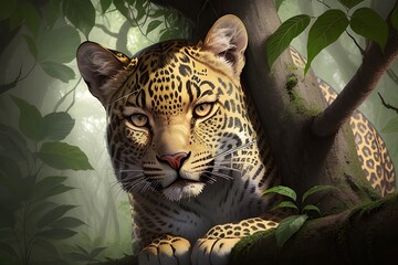 portrait of a leopard, Close-up Portrait of a Leopard (Panthera pardus) Cub in a Tree