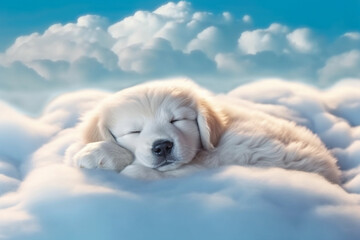 A heart melting sight of a cute little puppy peacefully sleeping on a fluffy cloud, bringing joy and tranquility to the heart. Ai generated