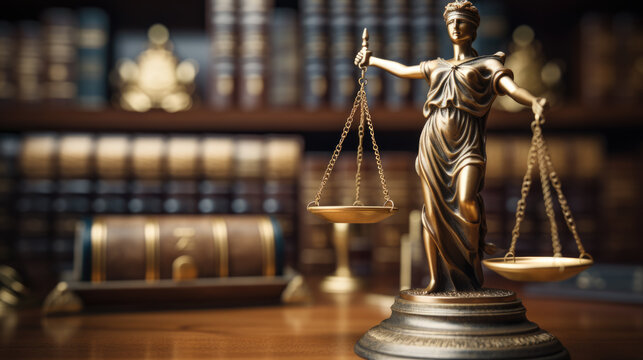 Legal office of lawyers and attorney. Close up of Scale of Justice. Created with Generative AI technology.