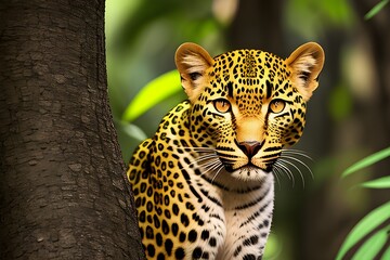 close up of a leopard on tree