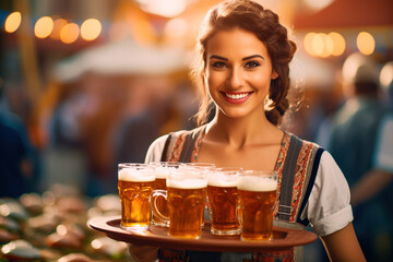 Waitress with a tray full of beers at Oktoberfest - obrazy, fototapety, plakaty