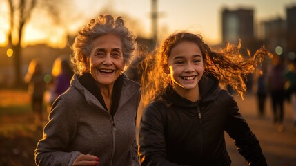 senior woman and family exercise in the morinng. joyful 
healthy family running with sunset.