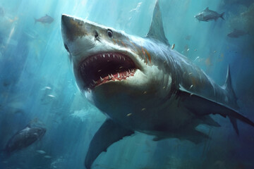 Encounter the terrifying presence of a massive killer shark lurking beneath the sea or ocean, showcasing its intimidating big teeth and open mouth. Ai generated