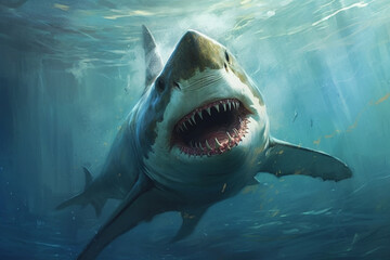 Encounter the terrifying presence of a massive killer shark lurking beneath the sea or ocean, showcasing its intimidating big teeth and open mouth. Ai generated