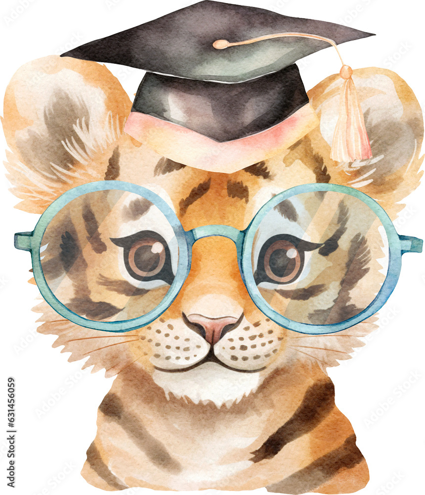 Poster tiger in graduation hat watercolour portrait created with generative ai technology