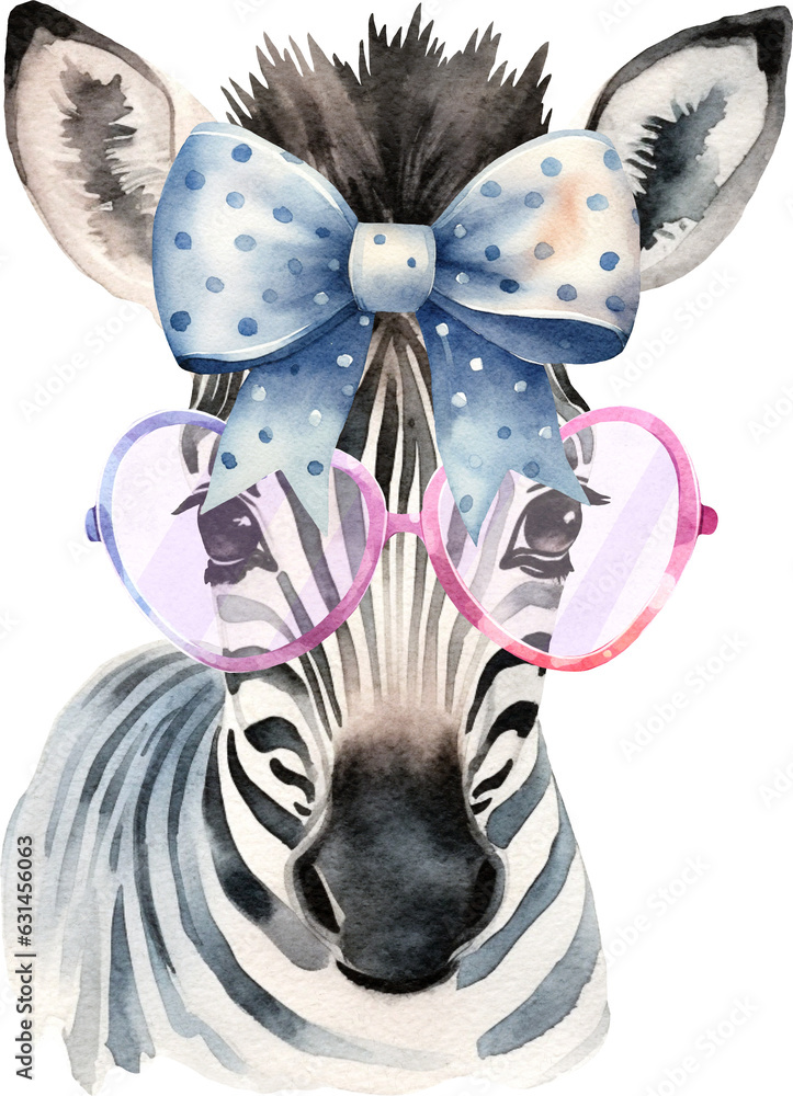 Aufkleber zebra in glasses watercolour portrait created with generative ai technology