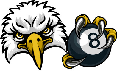 An eagle angry mean pool billiards mascot cartoon character holding a black 8 ball.