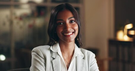 Smile, night and face of business woman, office consultant or agent happy for overtime work, commitment or career. Pride, portrait and Indian person confident, professional and working late in agency
