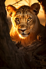 Close-up leopard portrait at sunset. Generative AI