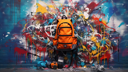 Abstract composition of an open backpack, gear spilling out, spray paint graffiti art style, bold...