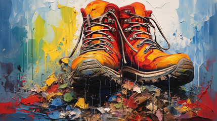 Abstract expressionistic painting of a wilderness trek, hiking boots treading an unseen path, splatters and drips to depict mud and foliage, bold color palette, large canvas format - obrazy, fototapety, plakaty