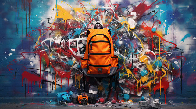 Abstract composition of an open backpack, gear spilling out, spray paint graffiti art style, bold and vibrant colors, urban meets wilderness, on textured wall background