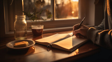 Naklejka na ściany i meble a person holding a pen and making notes in a budget notebook, coffee cup on side, soft morning light flooding through a nearby window creating a warm ambiance