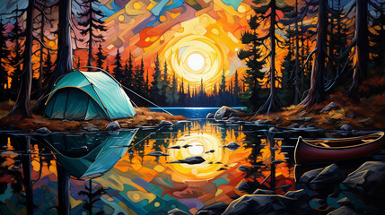 Dreamlike tent setup at the edge of a tranquil forest lake, surreal hues, fluid acrylic pour style, mesmerizing patterns, a sense of solitude and peace, high - resolution image, palette knife texture