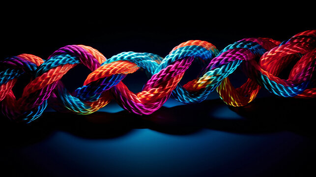 a climbing rope, neon colors, photorealistic detail, tangled yet orderly, on a solid black background, contrast lighting