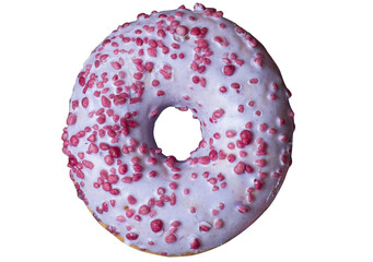 Donut with purple icing and pink sprinkles. Top view