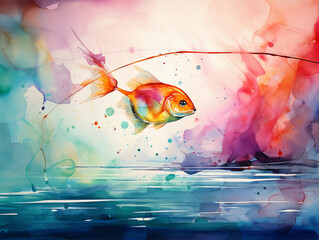 Surreal depiction of a fish being caught on a line, watercolor art, water splashing, vivid, dreamy color palette, fluid movement, hint of impressionism
