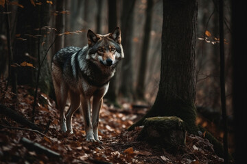 Obraz premium Encounter the awe inspiring presence of a big, scary, and majestic lone wolf traversing a forest path or trail, exuding untamed wilderness. Ai generated