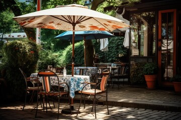 Fototapeta na wymiar Cafe table with chair and parasol umbrella in the garden