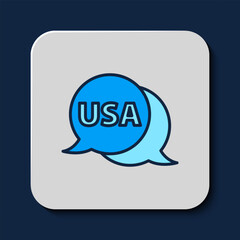 Filled outline USA label icon isolated on blue background. United States of America. Vector