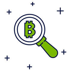 Filled outline Magnifying glass with Bitcoin icon isolated on white background. Physical bit coin. Blockchain based secure crypto currency. Vector