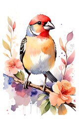 cute finch bird on branch with flowers. watercolor illustration for decoration greeting cards, invitations, prints, textile or wall art