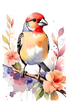 recommend clip art: cute finch bird on branch with flowers. watercolor illustration for decoration greeting cards, invitations, prints, textile or wall art