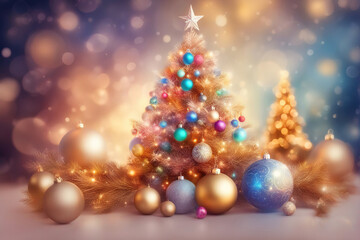 Obraz na płótnie Canvas Christmas background with shiny balls, Christmas tree and blurred lights.