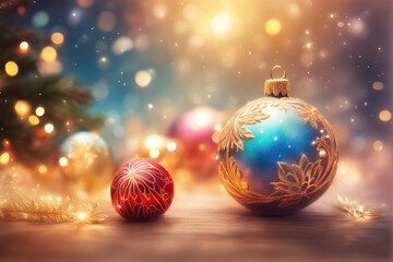 Christmas background with shiny balls, Christmas tree and blurred lights.