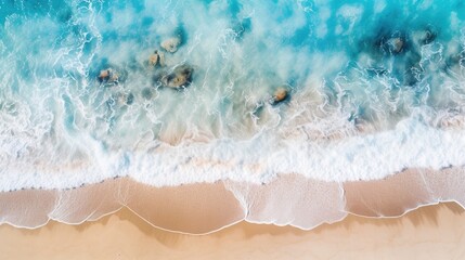 Fototapeta na wymiar Relaxing aerial beach scene, summer vacation holiday template banner. Waves surf with amazing blue ocean lagoon, sea shore, coastline. Perfect aerial drone top view. Ai Generative